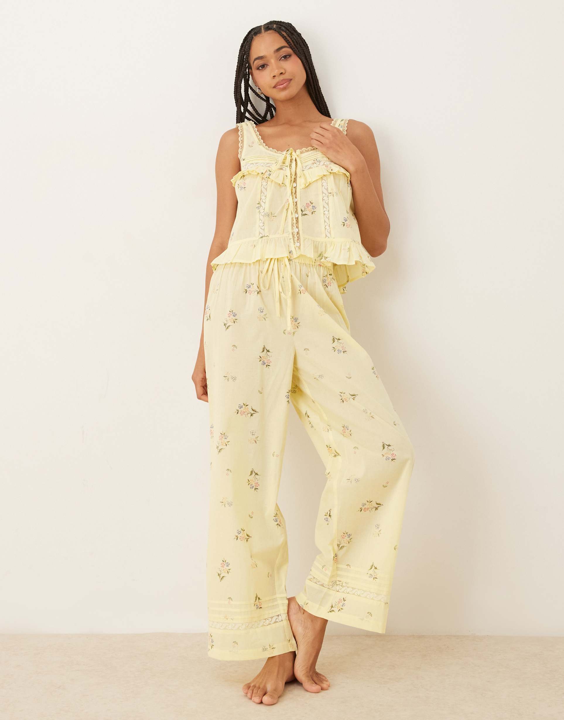 asos design frill button up cami top and pants pajama set in lemon floral print