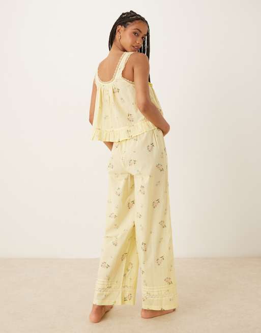 ASOS DESIGN frill button up cami top and pants pajama set in lemon floral print, 3 of 4