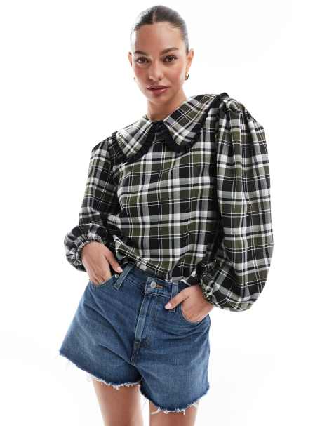 ASOS DESIGN frill collar shirt with bow back in plaid - view 1