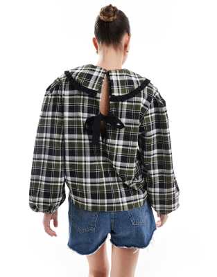 ASOS DESIGN frill collar shirt with bow back in plaid