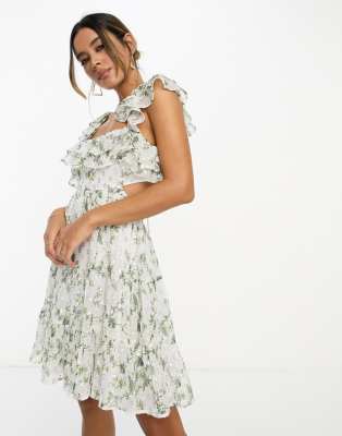 ASOS DESIGN frill cutout mini skater dress in metallic floral print | ASOS