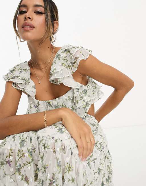 frill skater dress ASOS DESIGN frill cutout mini skater dress in metallic floral print