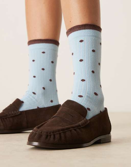 ASOS DESIGN frill detail ankle socks in blue and brown polka dot, 2 of 3