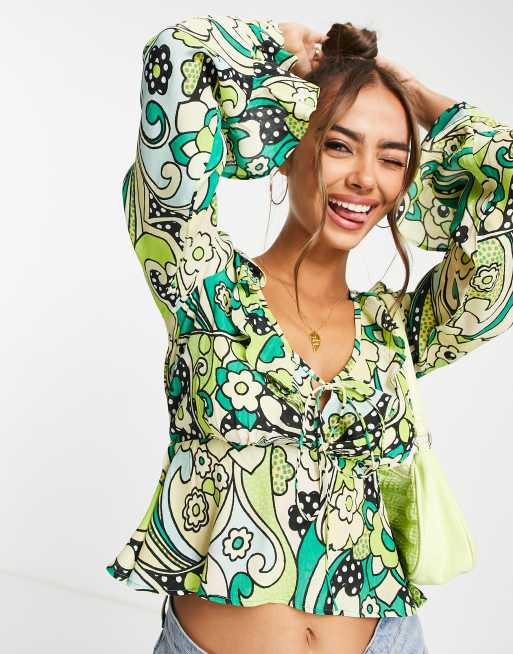 ASOS DESIGN frill detail blouse with tie front in green 60s print