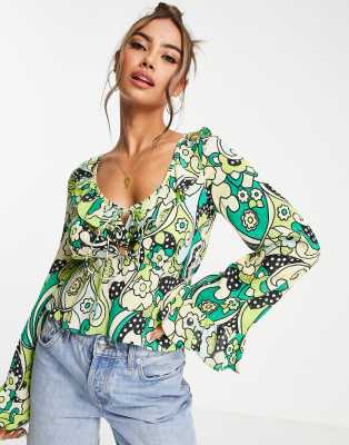 ASOS DESIGN tie front sheet blouse with frill neck in blue bright floral