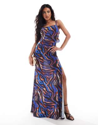 Asos Design Frill Detail Cami Maxi Dress In Blue Zebra Print-multi