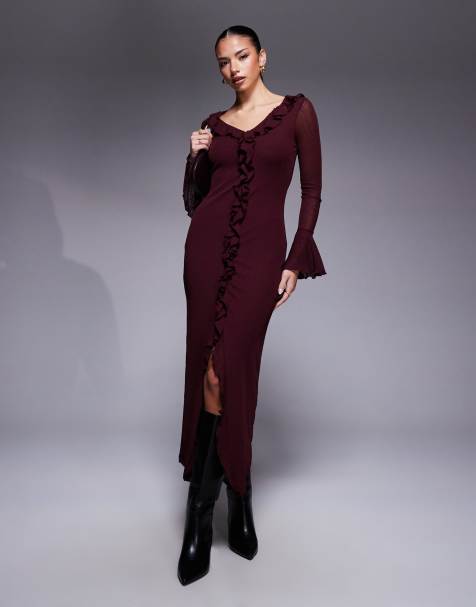 ASOS DESIGN frill detail long sleeve maxi dress with fluted sleeve in burgundy - view 1