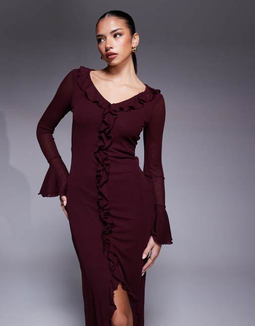 ASOS DESIGN frill detail long sleeve maxi dress with fluted sleeve in  burgundy | ASOS