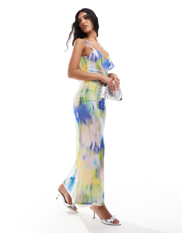 asos blue flower dress DESIGN frill detail maxi with trim in floral weather outings __tab1:austin-products-eta Sparkle Pink Vestidos De Length:Longer
