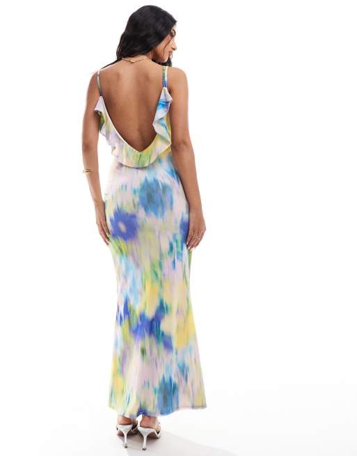 ASOS DESIGN frill detail maxi dress with flower trim in blue floral | ASOS