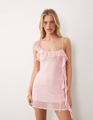 Asos Design Frill Detail Mesh Mini Dress With Ruched Bust Detail In Pink