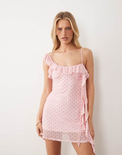 ASOS DESIGN frill detail mesh mini dress with ruched bust detail in pink and brown polka dots - view 1