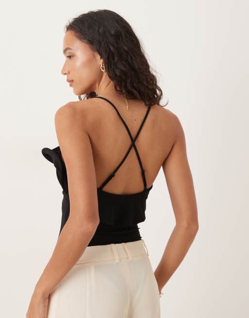 ASOS DESIGN frill detail plunge halterneck bodysuit in black