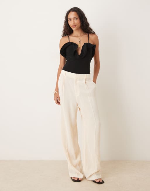 ASOS DESIGN frill detail plunge halterneck bodysuit in black