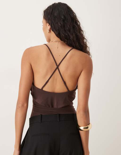 ASOS DESIGN frill detail plunge halterneck bodysuit in chocolate, 3 of 4