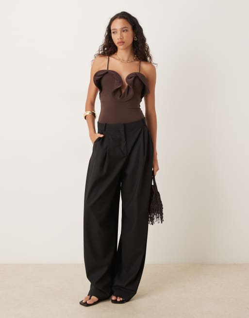 ASOS DESIGN frill detail plunge halterneck bodysuit in chocolate, 4 of 4