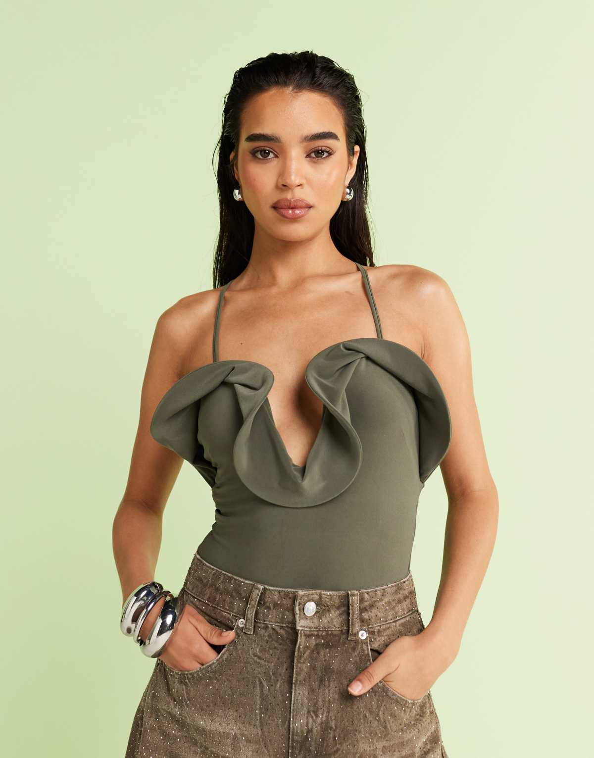 ASOS DESIGN frill detail plunge halterneck bodysuit in green