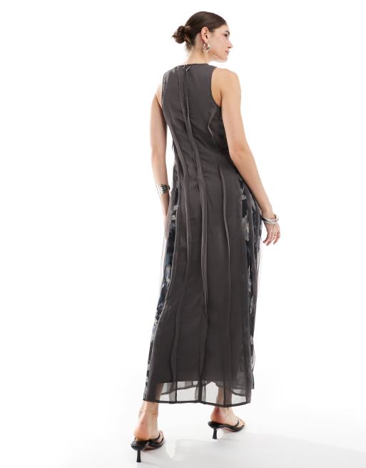 asos grey midi dress ASOS DESIGN frill detail printed side midi dress in gray
