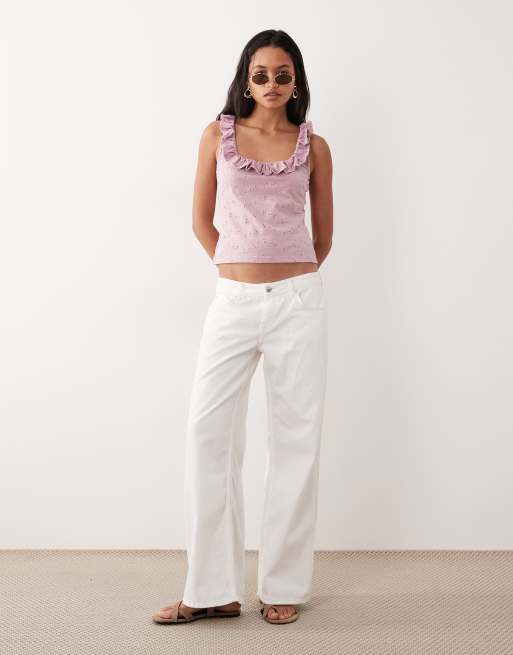 ASOS DESIGN frill detail scoop neck broderie singlet in washed lilac, 3 of 4