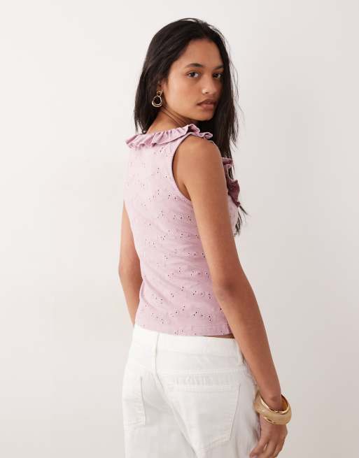 ASOS DESIGN frill detail scoop neck broderie singlet in washed lilac, 4 of 4