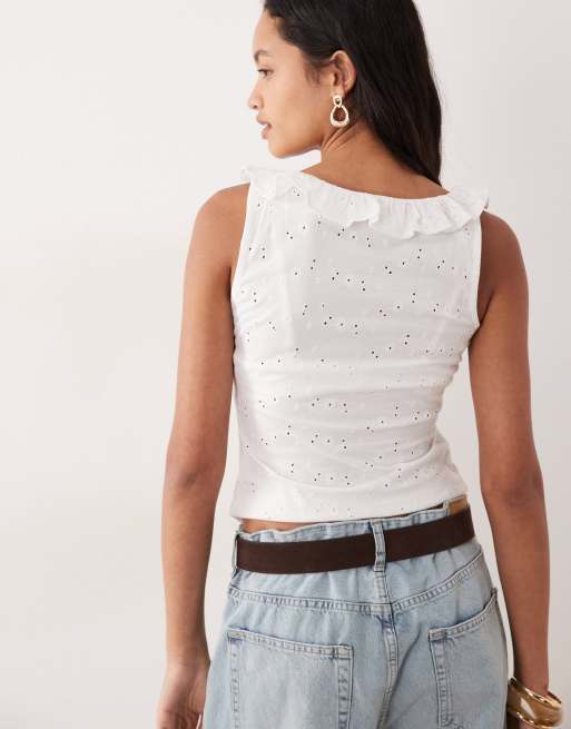ASOS DESIGN frill detail scoop neck broderie singlet in white, 4 of 4