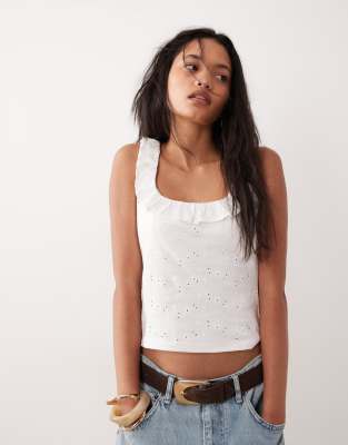 Asos Design Frill Detail Scoop Neck Broderie Tank Top In White