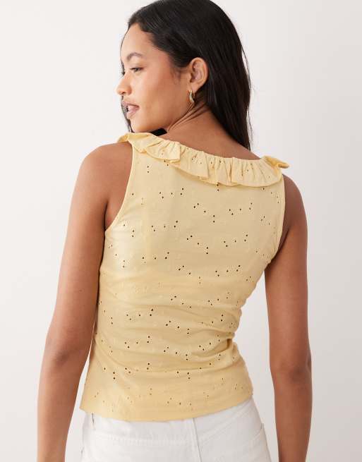 ASOS DESIGN frill detail scoop neck broderie vest buttermilk, 4 of 4