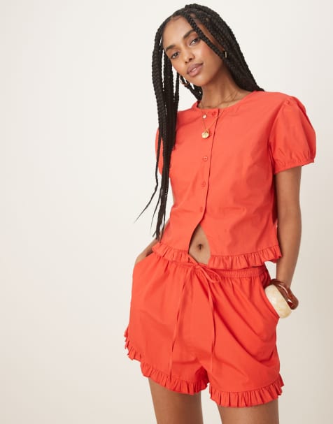 ASOS DESIGN frill detail shorts co-ord in red - view 1