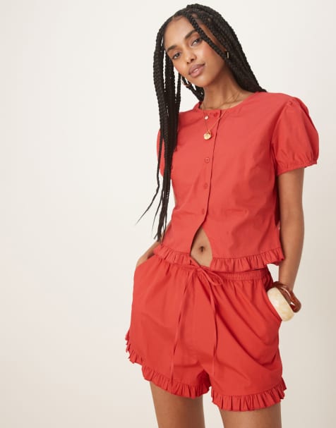 ASOS DESIGN frill detail shorts co-ord in red