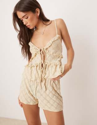 ASOS DESIGN frill detail tie front cami top in cream floral lace - view 1