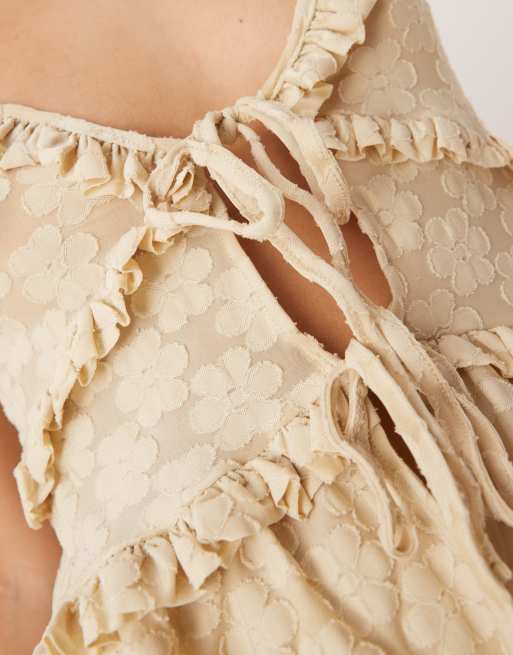 ASOS DESIGN frill detail tie front cami top in cream floral lace, 2 of 4