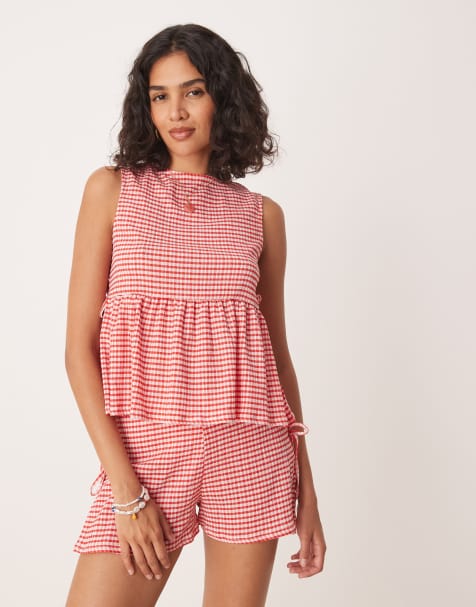 ASOS DESIGN frill detail tie side top in red gingham (part of a set) - view 1