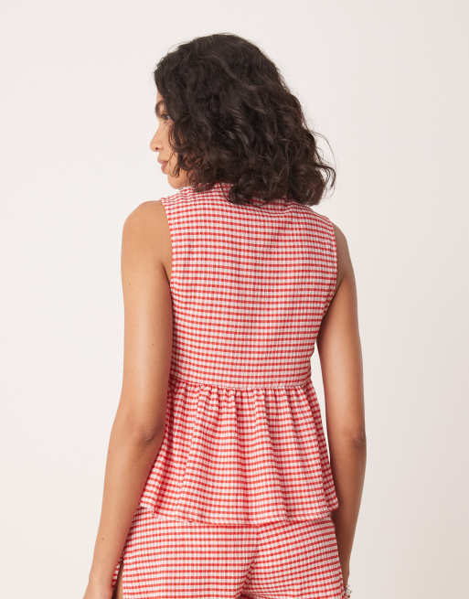 ASOS DESIGN frill detail tie side top in red gingham (part of a set), 4 of 4