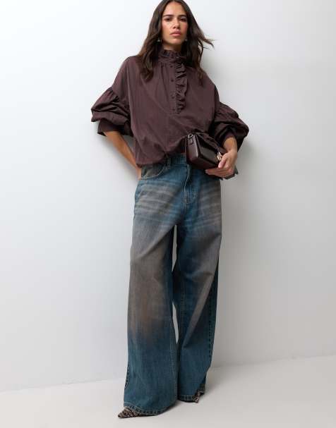ASOS DESIGN frill detail top with button placket in brown