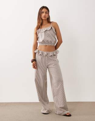 Asos Design Frill Detail Wide Leg Pants In Neutral