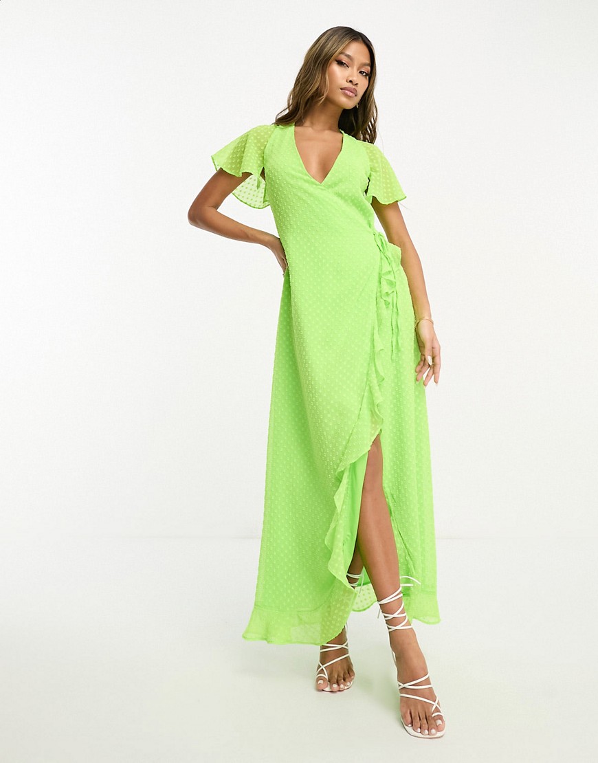 ASOS DESIGN frill detail wrap maxi dress in bright lime dobby-Green