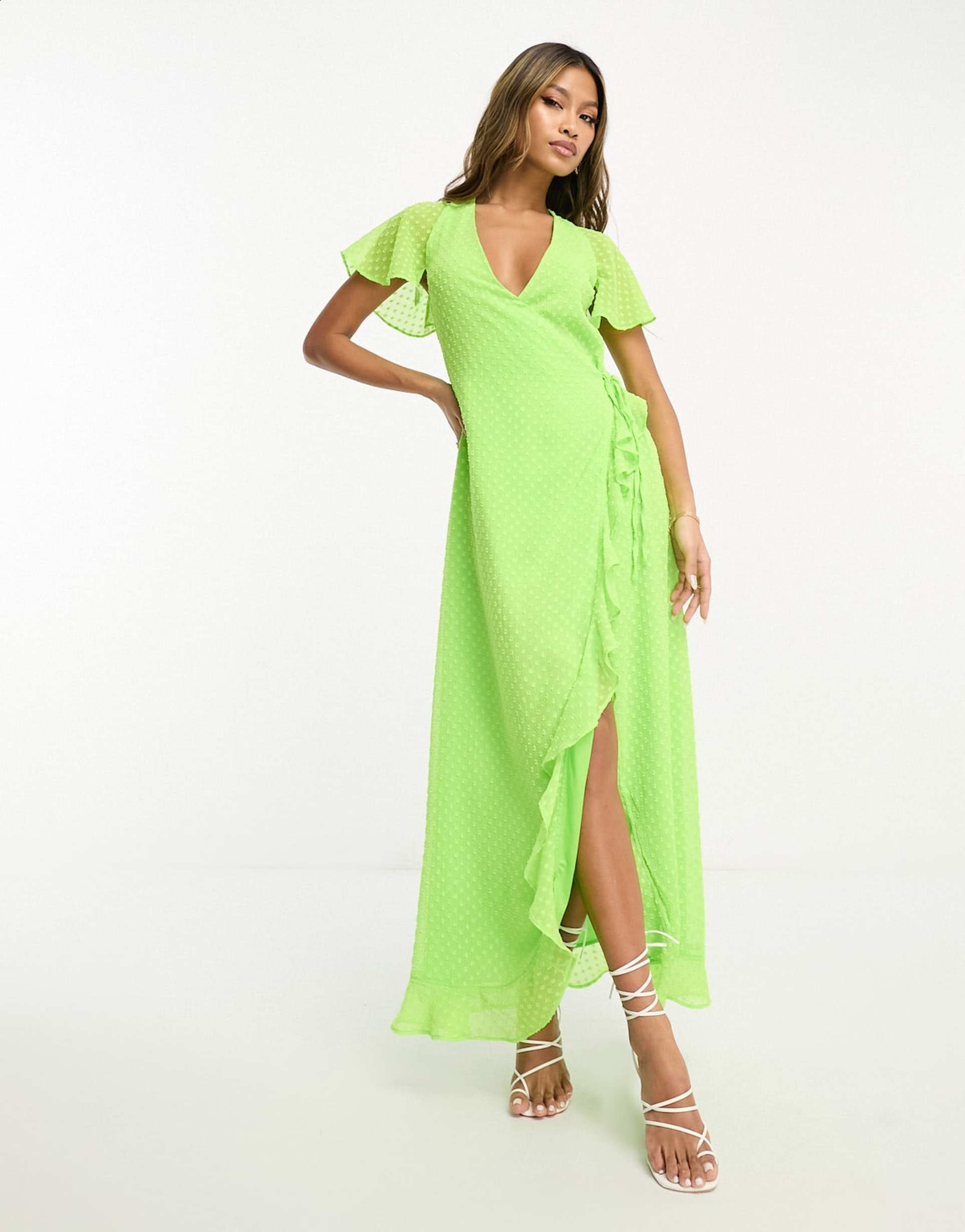 asos design frill detail wrap maxi dress in bright lime texture