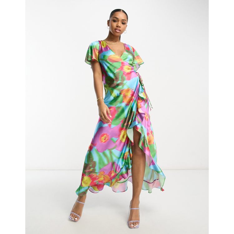 ASOS DESIGN frill detail wrap maxi satin dress in large bold floral print