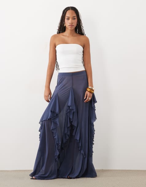 ASOS DESIGN frill detailing mesh maxi skirt in blue - view 1