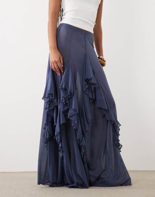 ASOS DESIGN frill detailing mesh maxi skirt in blue, 2 of 5