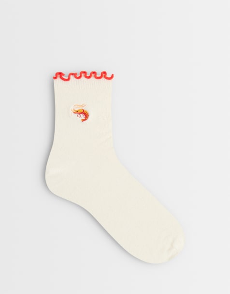 ASOS DESIGN frill edge ankle socks with shrimp embroidery in cream - view 1