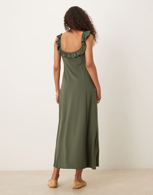 Vestido midi verde oliva con volantes en los tirantes y el escote de ASOS DESIGN