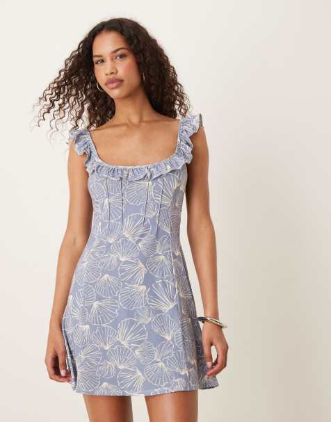 ASOS DESIGN frill front and straps mini dress in blue seashell print - view 1
