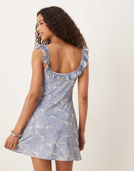 ASOS DESIGN frill front and straps mini dress in blue seashell print