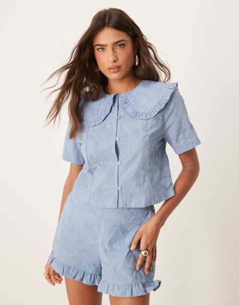 ASOS DESIGN frill hem shirt and shorts set in blue and white - view 1