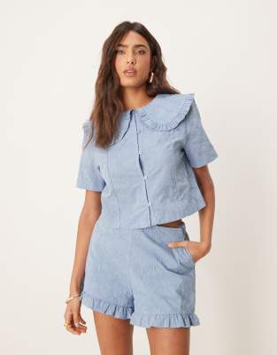 ASOS DESIGN ASOS DESIGN frill hem shorts with floral embroidery co-ord in blue-Multi