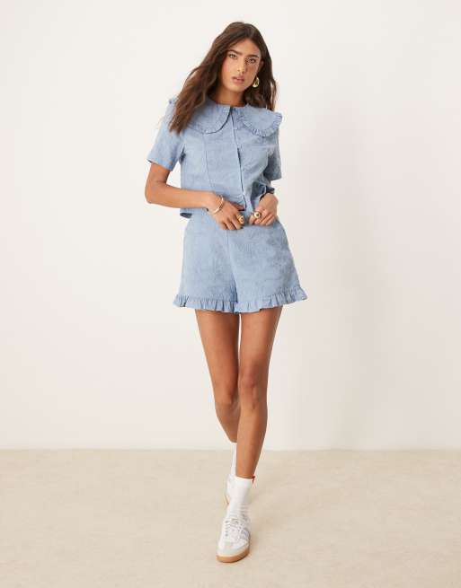 ASOS DESIGN frill hem shorts with floral embroidery co-ord in blue, 2 of 4