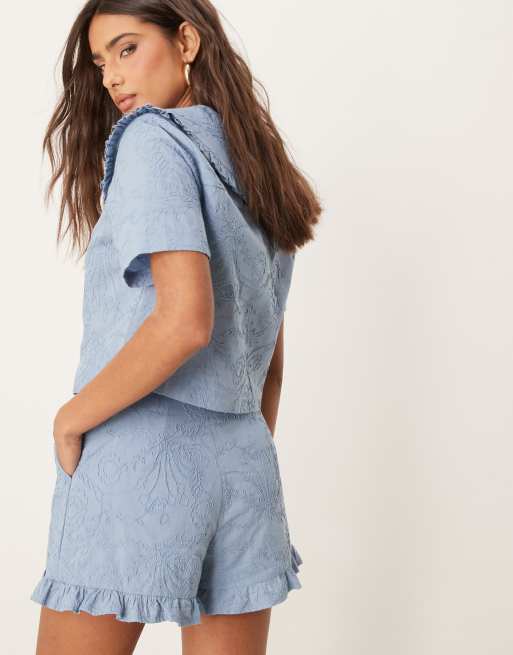 ASOS DESIGN frill hem shorts with floral embroidery co-ord in blue, 4 of 4