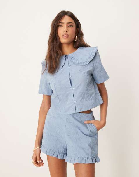 ASOS DESIGN frill hem shorts with floral embroidery co-ord in blue