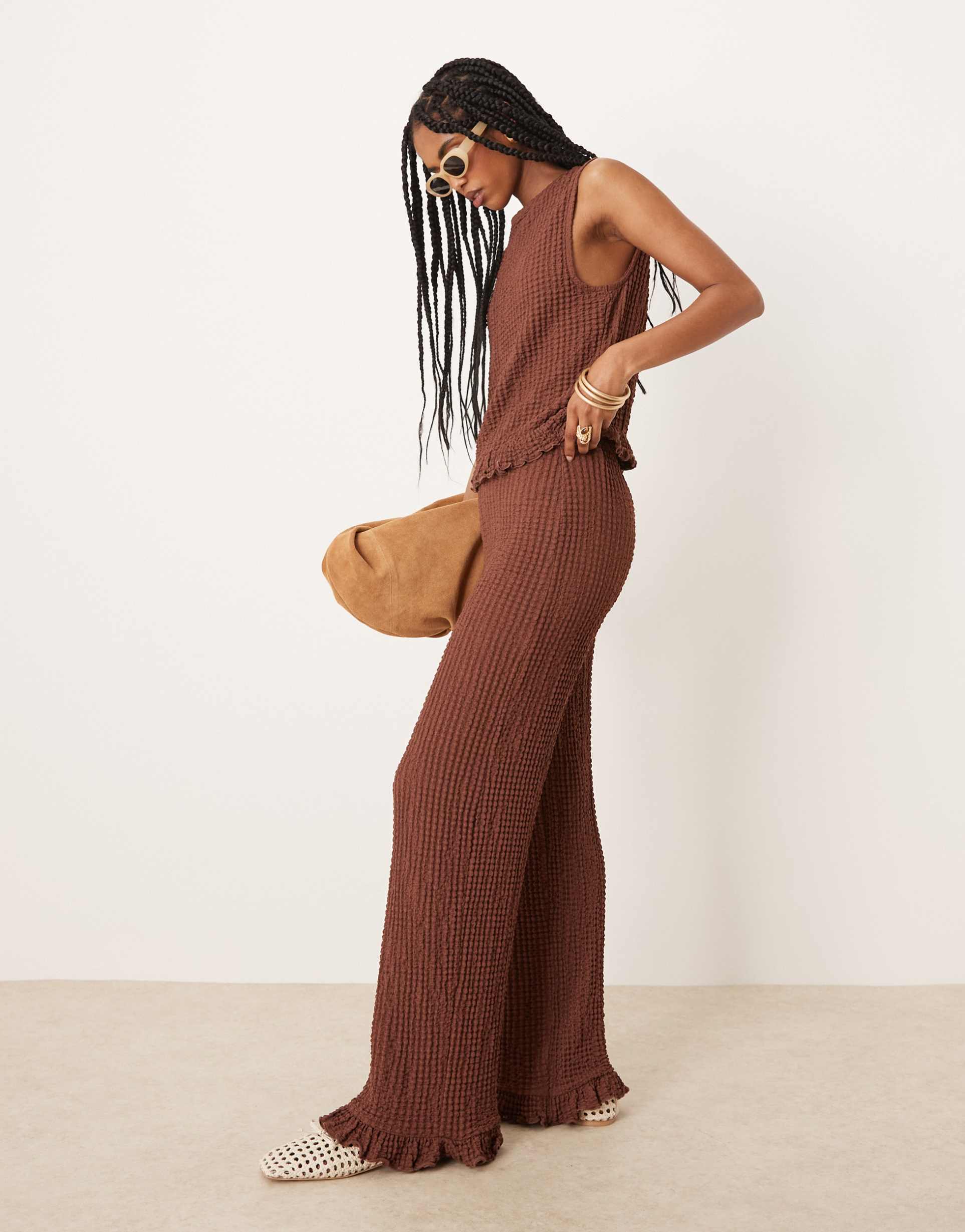 asos design frill hem textured wide leg pants in brown - part of a set